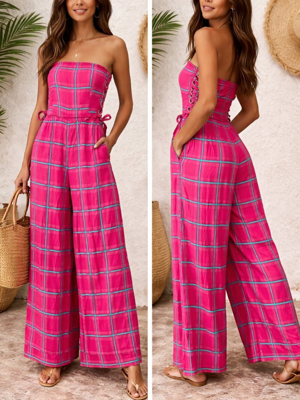 Splash Hot Pink Plaid Strapless Wide-Leg Jumpsuit